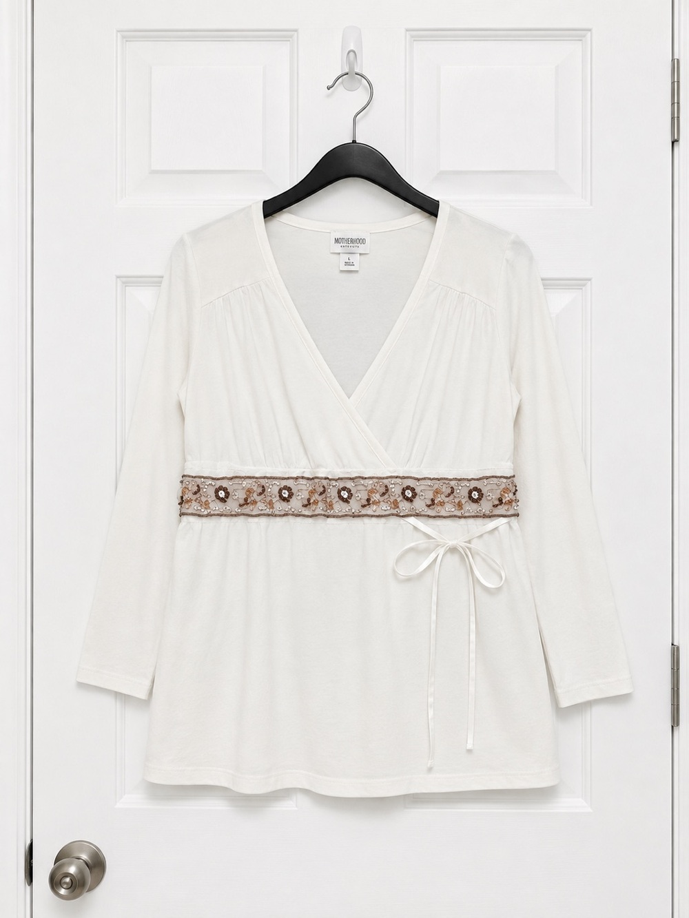 Motherhood Maternity Beaded Empire Waist Wrap Top L White Brown Sequin3/4Sleeve